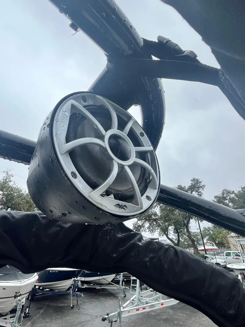 Slide: The Image of Close-up of a speaker on a 2017 Monterey 224FS boat, with overcast sky background. - 20