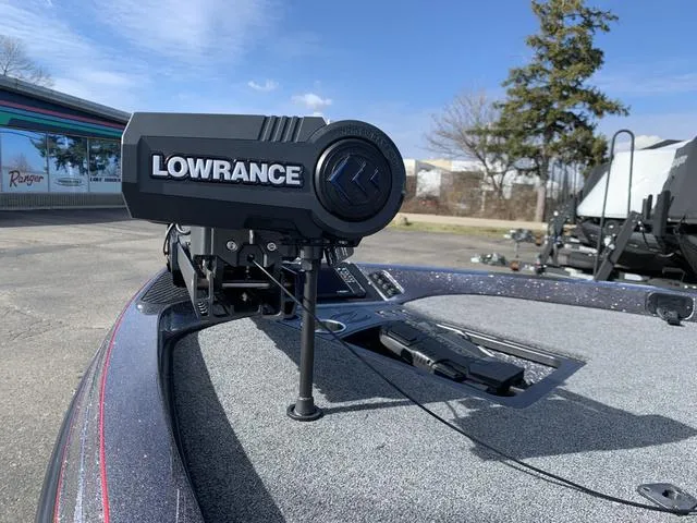 Slide: The Image of 2024 Ranger RZ519C boat with Lowrance fishfinder on deck. - 2