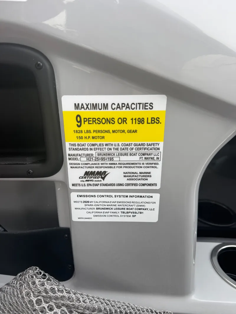 Slide: The Image of Harris Cruiser 210 boat capacity label, 9 persons or 1198 lbs, year 2025. - 9