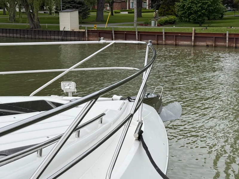 Slide: The Image of Bow of 2018 Galeon 560 Sky yacht docked in calm waters. - 10