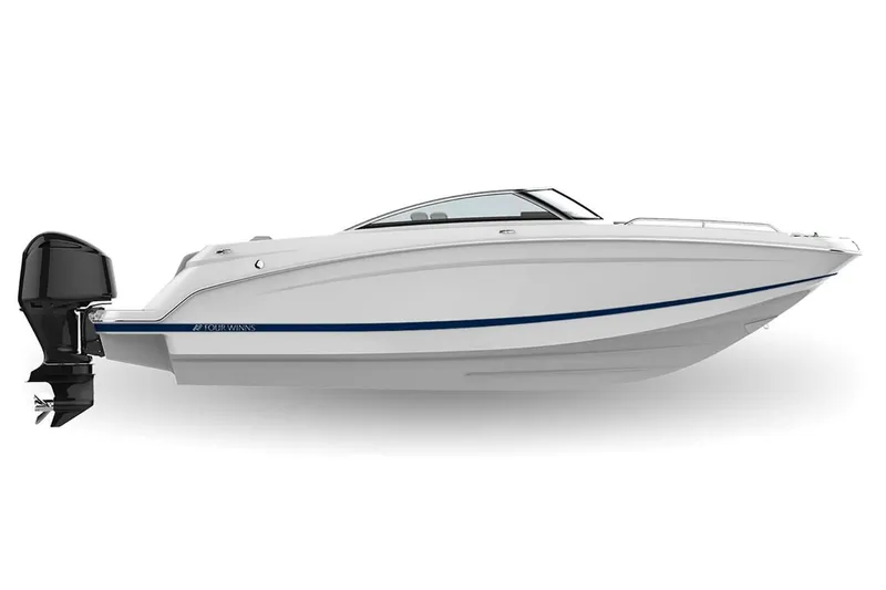 Slide: The Image of 2022 Four Winns HD3 boat, sleek white design with outboard motor. - 36