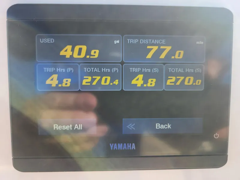 Slide: The Image of Yamaha display showing fuel usage and trip data for 2022 Key West 263 FS boat. - 10