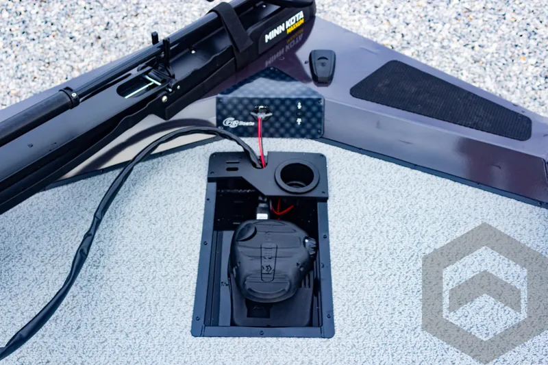 Slide: The Image of 2025 G3 Sportsman 1810 boat deck with Minn Kota trolling motor. - 25