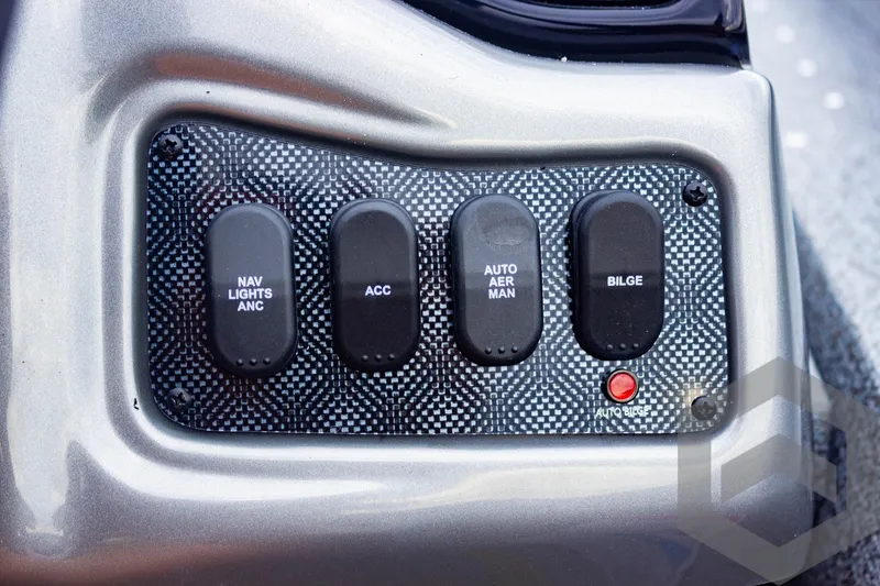 Slide: The Image of Control panel of 2025 G3 Sportsman 1810 boat with switches for navigation, accessories, aerator, and bilge. - 41