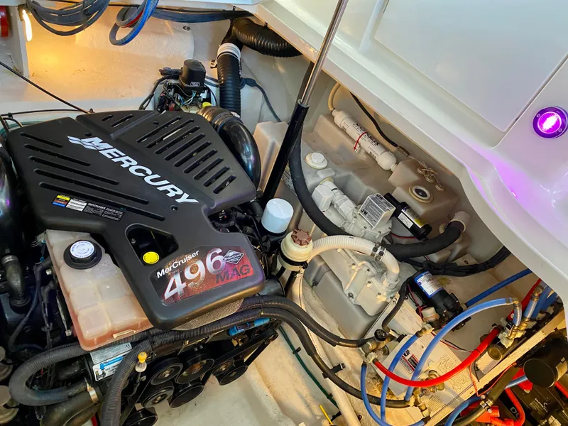 Slide: The Image of Engine room of 2007 Sea Ray 340 Sundancer with Mercury 496 MAG engine. - 35
