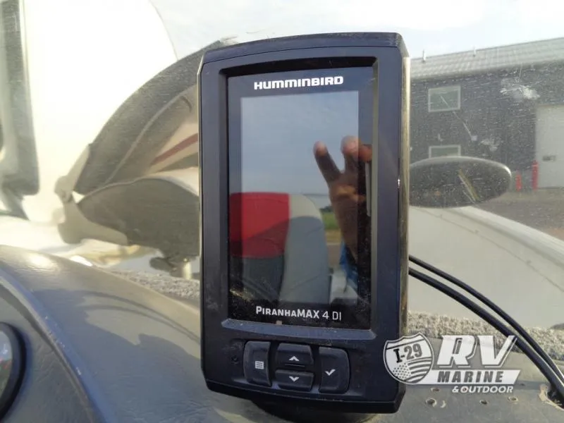 Slide: The Image of Humminbird PiranhaMAX 4 DI fish finder on Starfire 160 boat dashboard. - 11