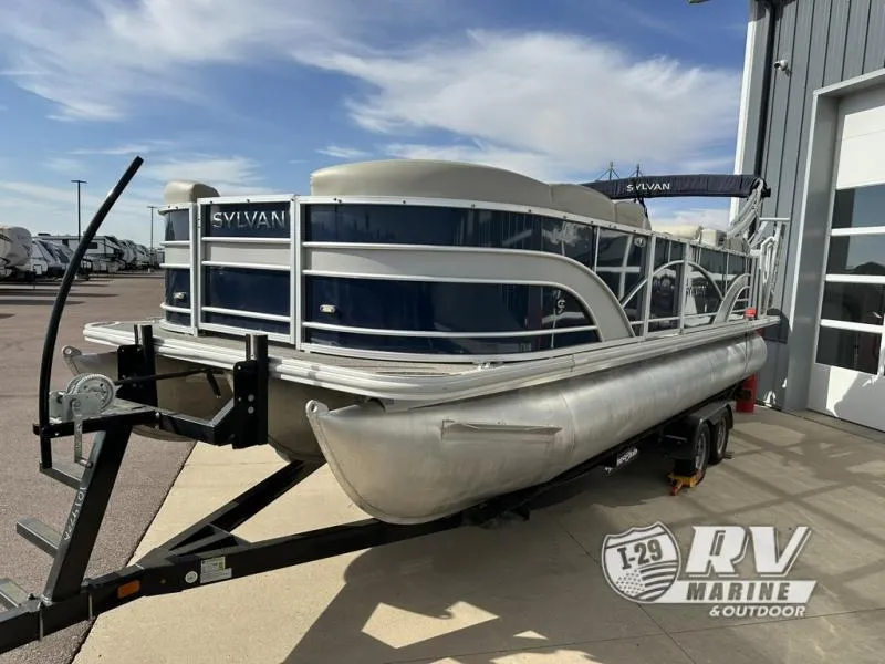 Slide: The Image of 2018 Mirage 8522 pontoon boat on trailer at RV Marine dealership. - 4