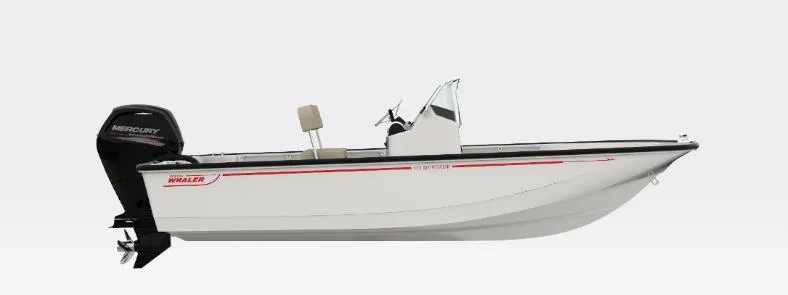 Slide: The Image of 2025 Boston Whaler 170 Montauk boat, side view, with Mercury outboard motor. - 1