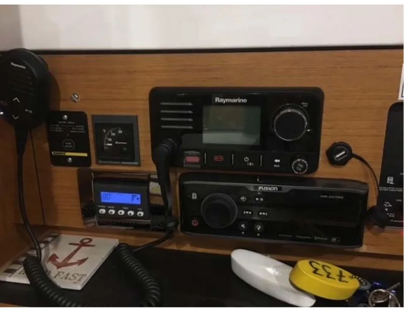 Slide: The Image of Control panel of 2017 Jeanneau Sun Odyssey 44 DS with Raymarine and Fusion systems. - 15