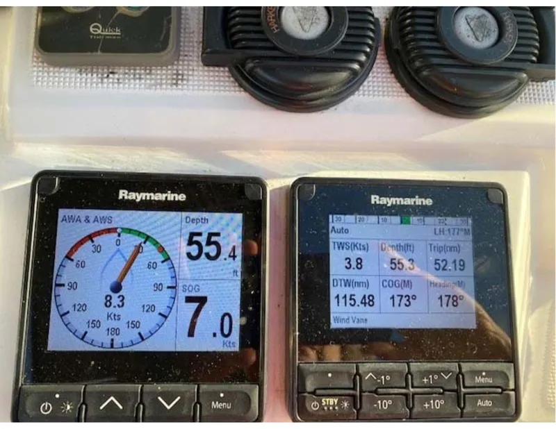 Slide: The Image of Raymarine navigation displays on Jeanneau Sun Odyssey 44 DS, 2017 model, showing sailing data. - 23