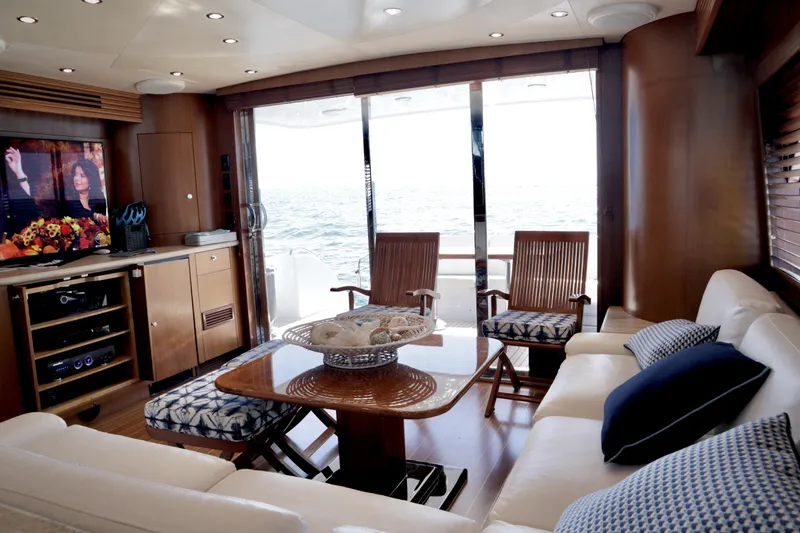 Slide: The Image of Luxurious interior of a 2003 Hatteras 6300 Motor Yacht with elegant seating and ocean view. - 10