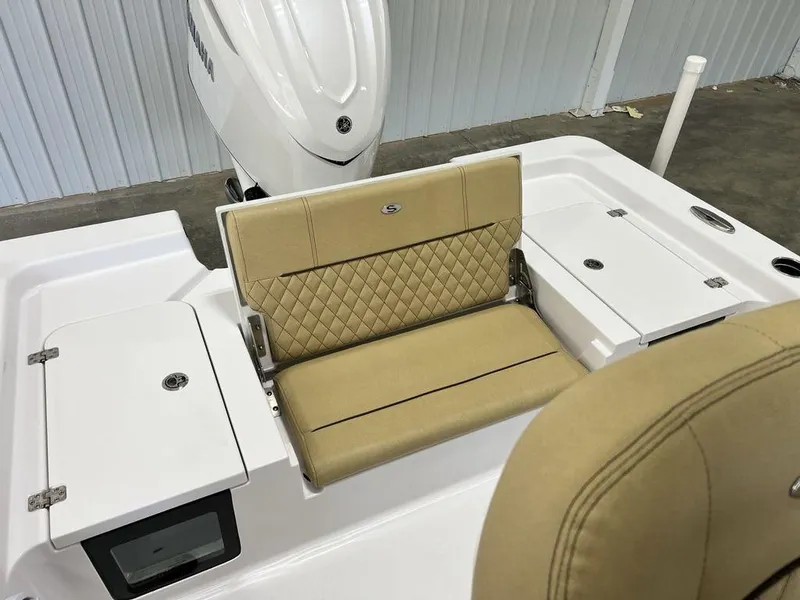 Slide: The Image of 2025 Sportsman Masters 247OE Bay Boat dashboard with Garmin device and speaker. - 22