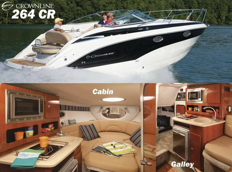 Slide: The Image of 2020 Crownline 264 CR boat with cabin and galley interior views. - 12