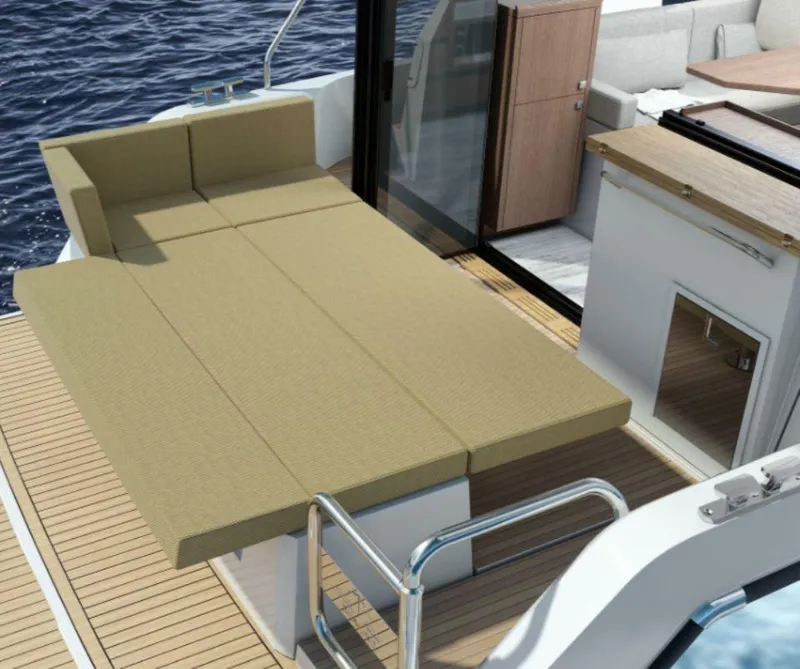 Slide: The Image of 2025 Sealine C335V yacht with beige outdoor seating on deck. - 19