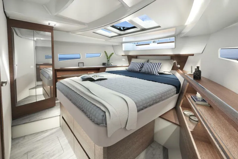 Slide: The Image of Luxurious interior of 2025 Sealine C335V yacht with modern bedroom design. - 22