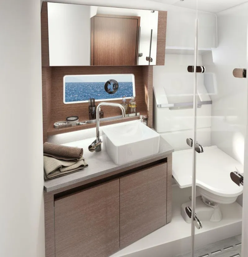 Slide: The Image of Modern bathroom in 2025 Sealine C335V yacht with ocean view window. - 23