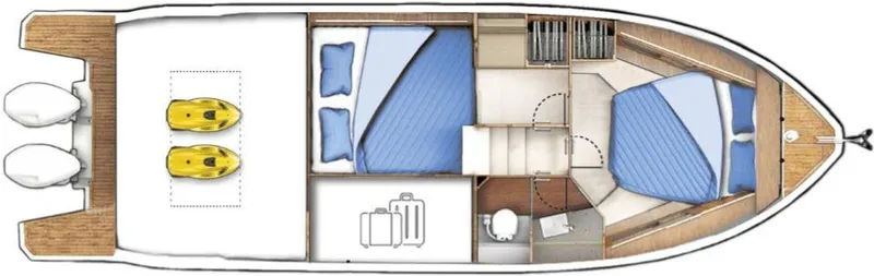 Slide: The Image of Floor plan of 2025 Sealine C335V yacht, featuring cabins and deck layout. - 27