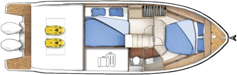 Slide: The Image of Floor plan of 2025 Sealine C335V boat, featuring cabins and deck layout. - 28