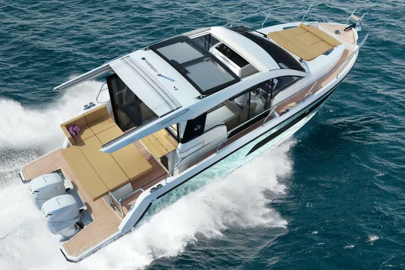 Slide: The Image of 2025 Sealine C335V yacht cruising on open water, showcasing sleek design and powerful engines. - 3