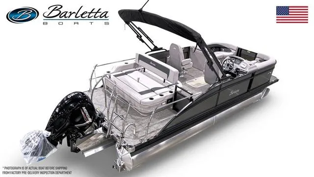 Slide: The Image of 2025 Barletta A22UC pontoon boat with modern design and powerful outboard motor. - 4