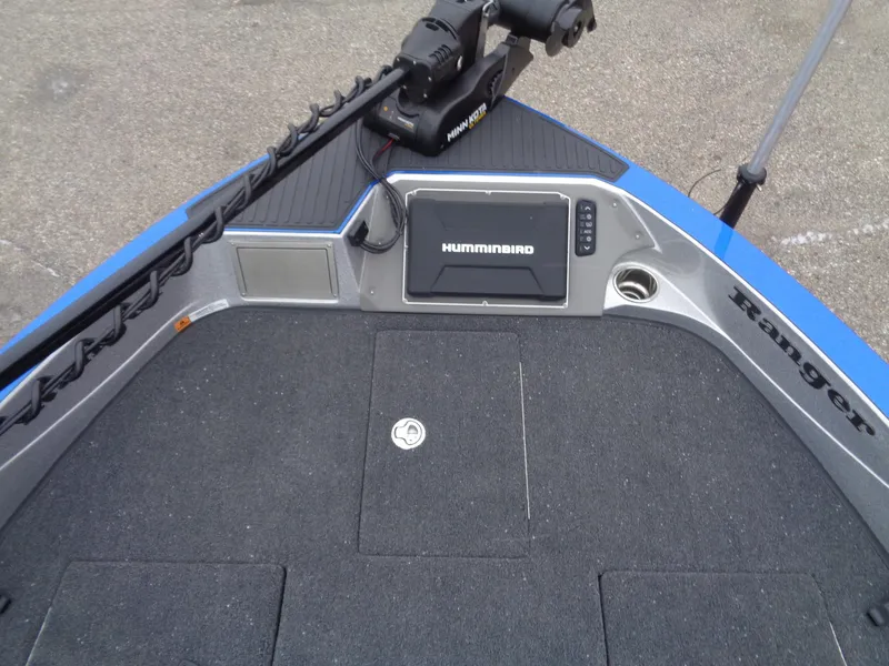 Slide: The Image of 2024 Ranger 622FS Pro boat deck with Humminbird electronics and trolling motor. - 15