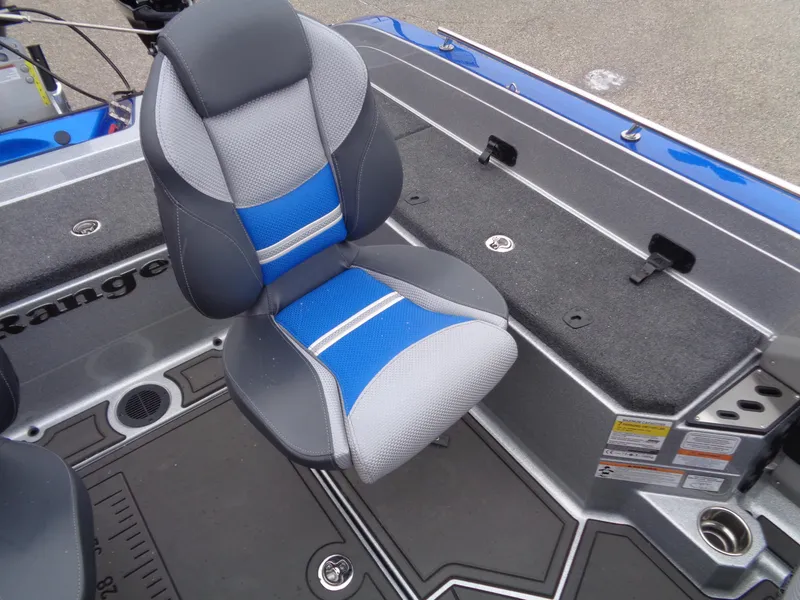 Slide: The Image of 2024 Ranger 622FS Pro boat seat with blue and gray upholstery. - 9