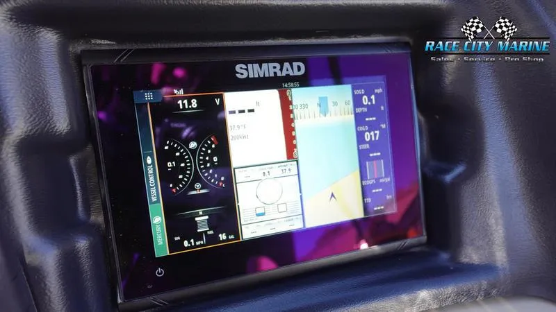 Slide: The Image of Simrad display on 2020 Barletta L23UC boat dashboard, showing navigation and performance data. - 30
