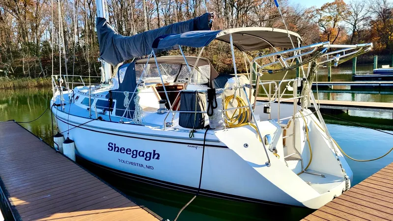 Slide: The Image of 1989 Catalina 42 sailboat docked, named "Sheegagh," with covered cockpit and wooded background. - 17