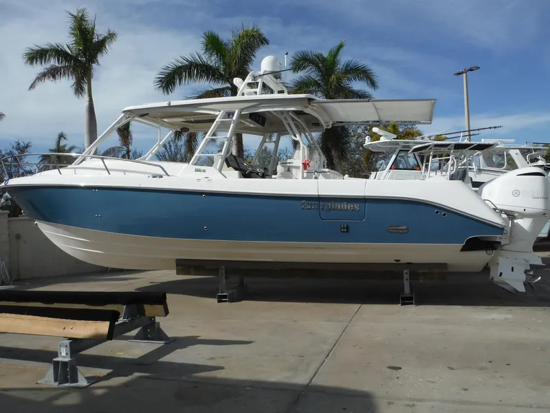 Slide: The Image of 2017 Everglades 360LXC boat on display with palm trees in the background. - 0