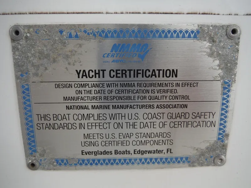 Slide: The Image of Yacht certification plaque for 2017 Everglades 360LXC, meeting US Coast Guard safety standards. - 44