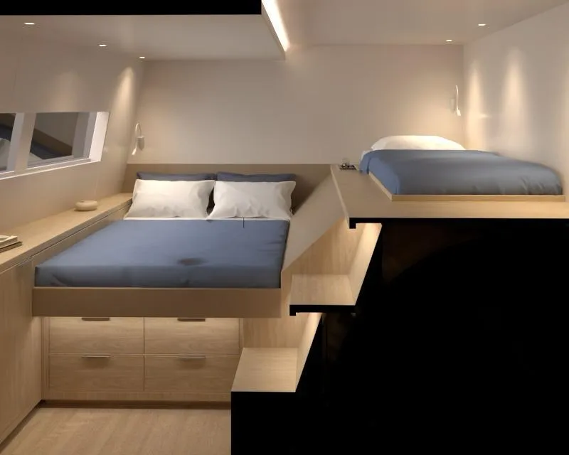 Slide: The Image of Luxurious interior of 2025 Pro Boat Yachts CAT 62 FD, featuring modern twin beds and sleek design. - 10
