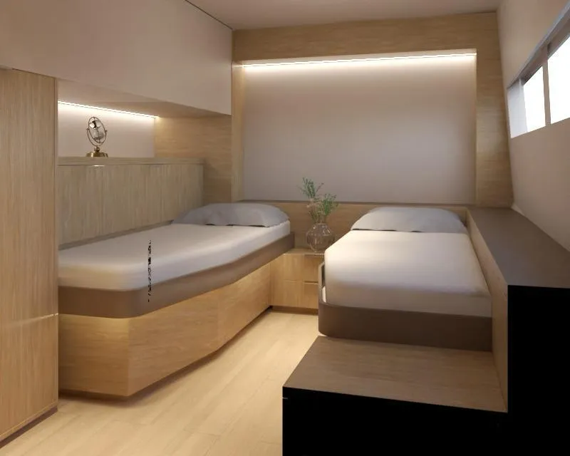 Slide: The Image of Luxurious twin bedroom in 2025 Pro Boat Yachts CAT 62 FD, featuring modern design and ambient lighting. - 11