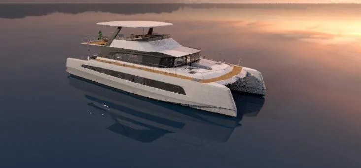 Slide: The Image of 2025 Pro Boat Yachts CAT 62 FD cruising on calm waters at sunset. - 2