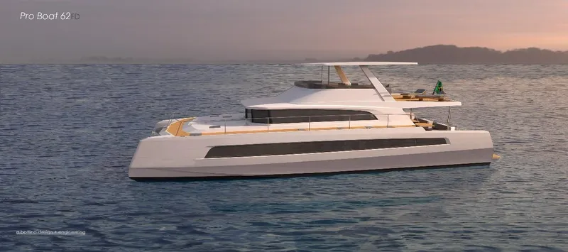 Slide: The Image of Modern 2025 Pro Boat Yachts CAT 62 FD cruising on serene ocean waters at sunset. - 4