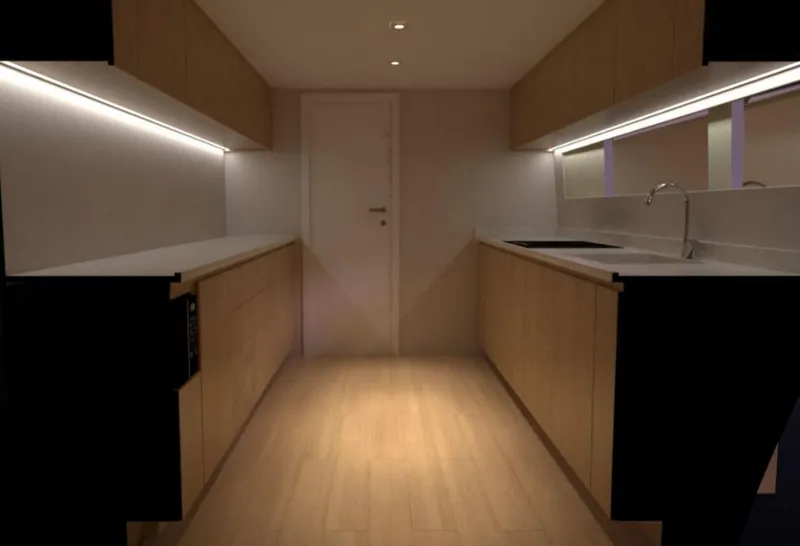 Slide: The Image of Modern kitchen interior in 2025 Pro Boat Yachts CAT 62 FD, featuring sleek cabinetry and ambient lighting. - 5