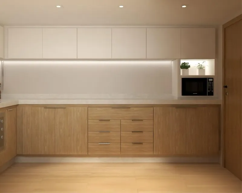 Slide: The Image of Modern yacht kitchen with wooden cabinets, built-in microwave, and sleek lighting on Pro Boat Yachts CAT 62 FD. - 6