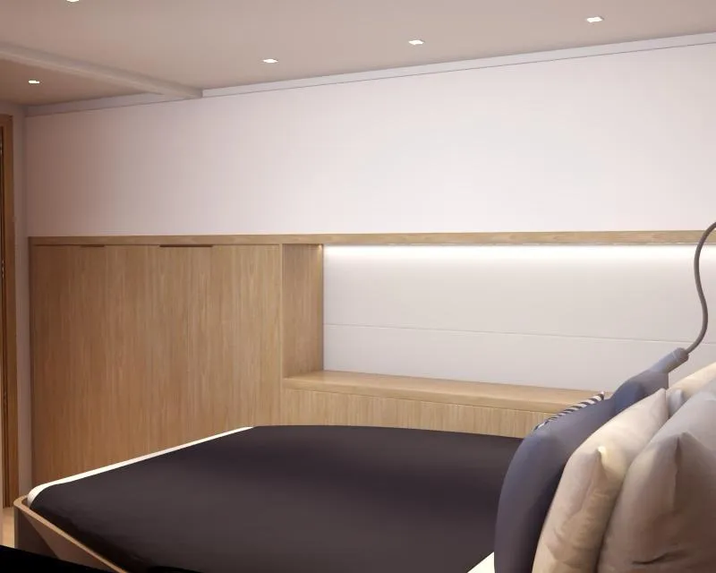 Slide: The Image of Modern bedroom interior on 2025 Pro Boat Yachts CAT 62 FD, featuring sleek wood paneling. - 8