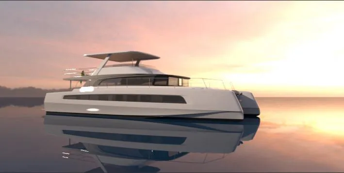 Slide: The Image of 2025 Pro Boat Yachts CAT 62 FD on calm water at sunset. - 3
