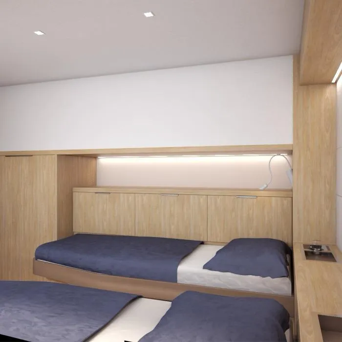 Slide: The Image of Modern cabin interior of 2025 Pro Boat Yachts CAT 62 FD, featuring sleek wooden design and cozy beds. - 7