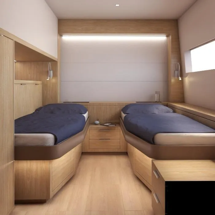 Slide: The Image of Luxurious twin cabin interior of 2025 Pro Boat Yachts CAT 62 FD, featuring modern wood finishes. - 9