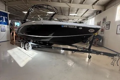 Slide: The Image of 2017 Cobalt R3 WSS Surf boat on trailer in indoor showroom. - 3