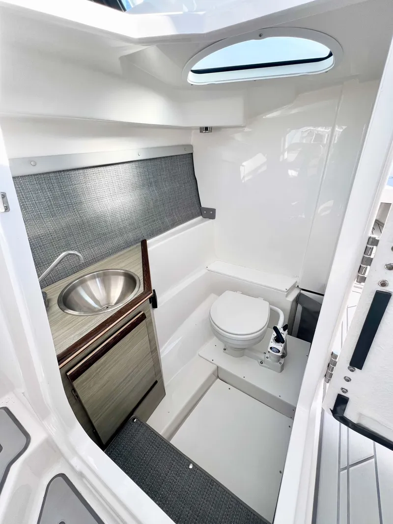 Slide: The Image of 2023 Solara S-250 DC boat interior with compact bathroom and sink. - 21
