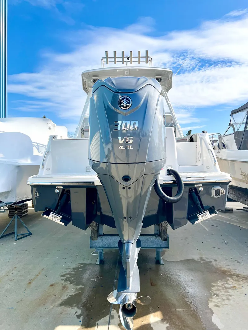 Slide: The Image of 2023 Solara S-250 DC boat with powerful 300 V6 4.2L engine, docked under blue sky. - 5