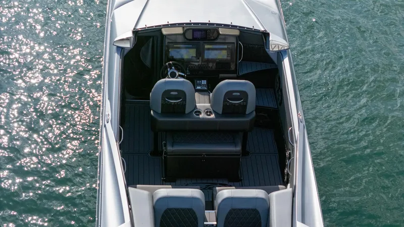 Slide: The Image of 2017 Nor-Tech 3900 Super-VEE boat interior, aerial view on water. - 41