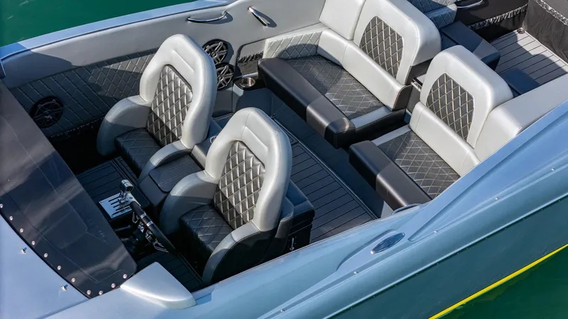 Slide: The Image of Luxurious interior of 2017 Nor-Tech 3900 Super-VEE boat with diamond-stitched seating. - 43