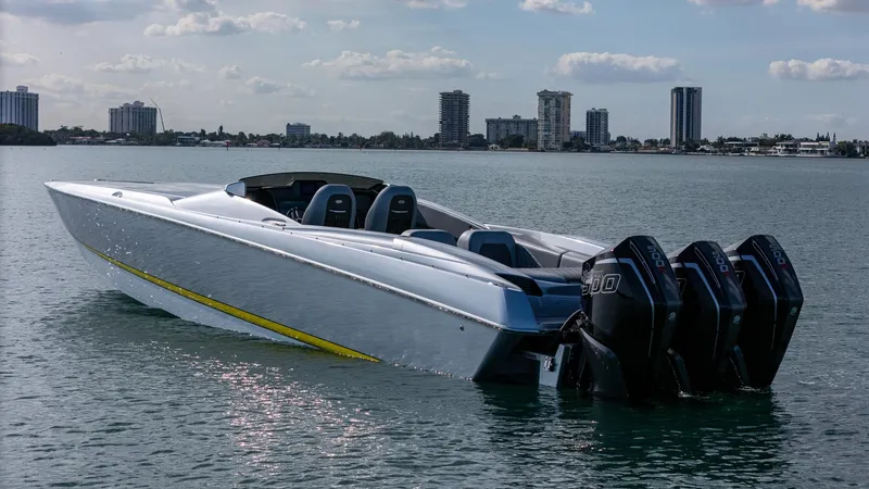 Slide: The Image of 2017 Nor-Tech 3900 Super-VEE speedboat with multiple engines on calm water. - 49