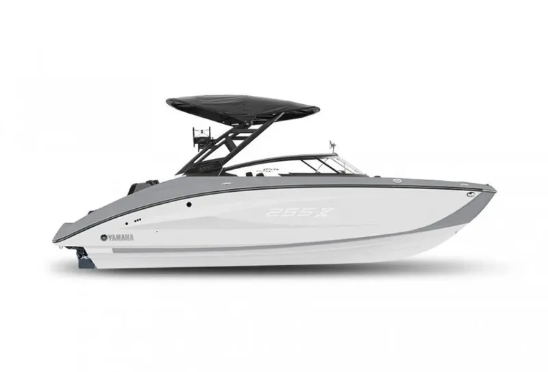 Slide: The Image of 2024 Yamaha Boats 255XE, sleek design, side view, gray and white color scheme. - 0