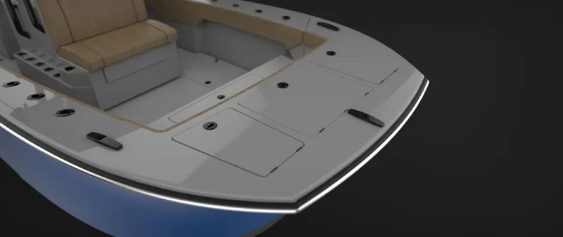 Slide: The Image of 2025 BlueCat 21 CC boat interior with sleek seating and storage compartments. - 10