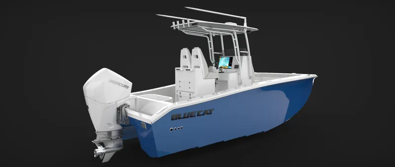Slide: The Image of 2025 BlueCat 21 CC boat with sleek blue hull and modern design. - 2