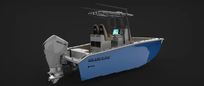 Slide: The Image of 2025 BlueCat 21 CC boat with modern design and powerful outboard motor. - 6